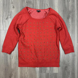 Express Red 3/4 Sleeve‎ Round Neck Sweatshirt with Gold Stud Details